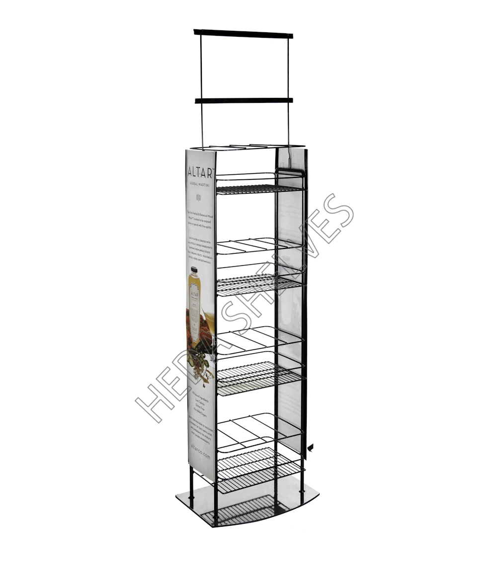 Original HEDA No.00191 black wire display stand for bottled goods, showing four wire bottle-display tiers, printed ALTAR branding side panel, tall empty sign frame and flat black support base