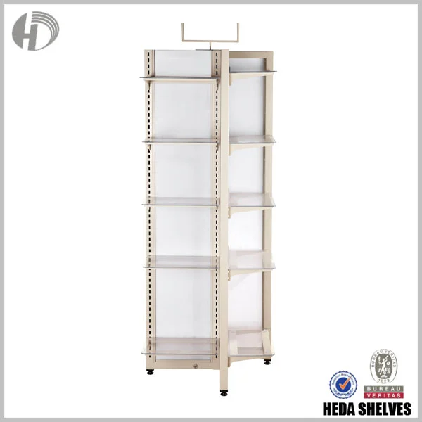 Original HEDA No.00195 product side view showing the central steel support frame, vertically spaced transparent acrylic display shelves, top sign holder and black support feet