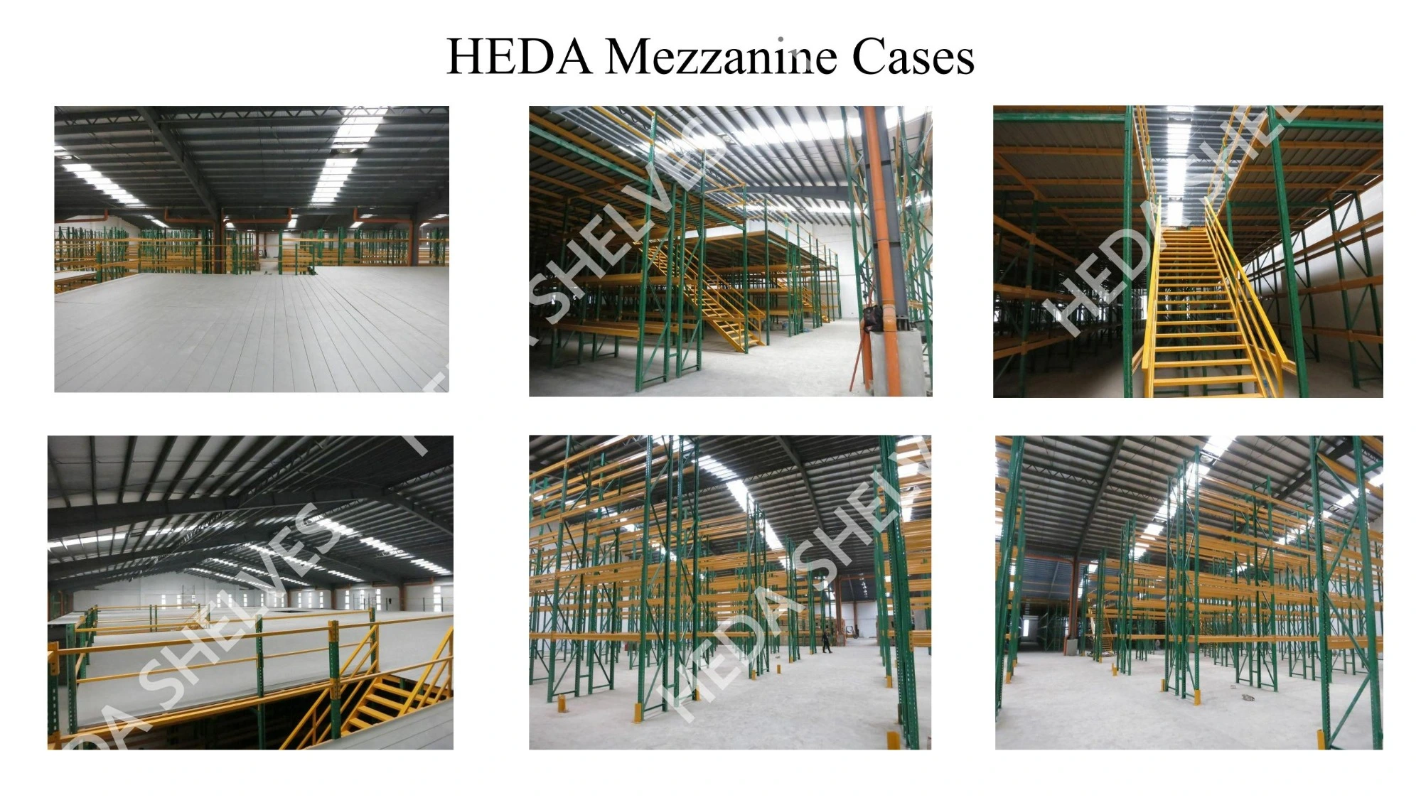 Original HEDA mezzanine storage project reference collage showing steel-supported elevated storage levels, metal platform decking, warehouse structure and industrial storage stairs