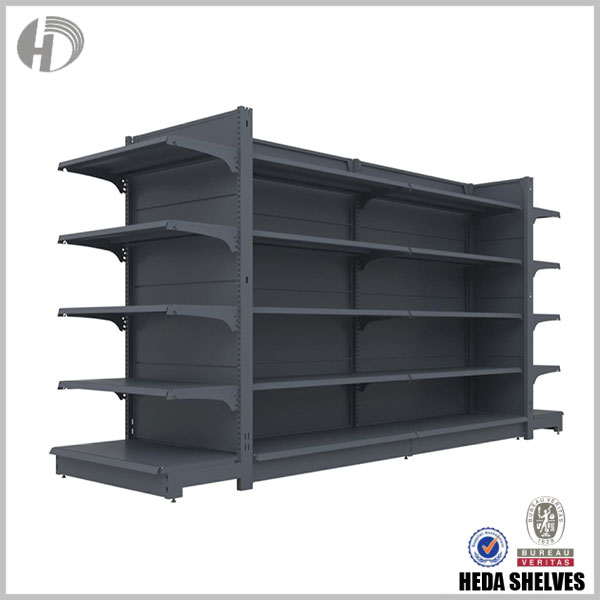 Original HEDA No.00201 graphite black commercial gondola display shelving with long connected shelf run, segmented back panels, metal brackets and end-facing display shelves