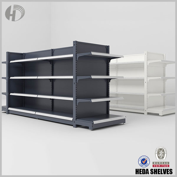 Original HEDA black gondola shelving showroom illustration with metal shelves, slotted uprights, end-facing base display and a separate white fixture in the background