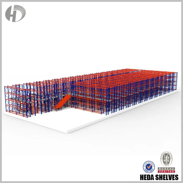 HEDA SHELVES multi-tier rack-supported warehouse storage system with blue steel frames, orange storage levels and integrated stair access