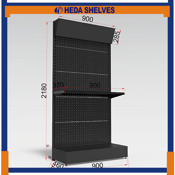 Original HEDA PBDS01 dimensional product image showing an all-black freestanding hardware display stand with round-hole pegboard, angled header, projecting middle shelf, raised-edge base and dimension annotations including 2180 mm height