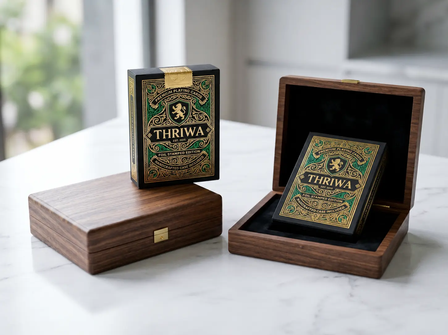 Customized playing cards packaging with luxury foil-stamped tuck box and wooden presentation case