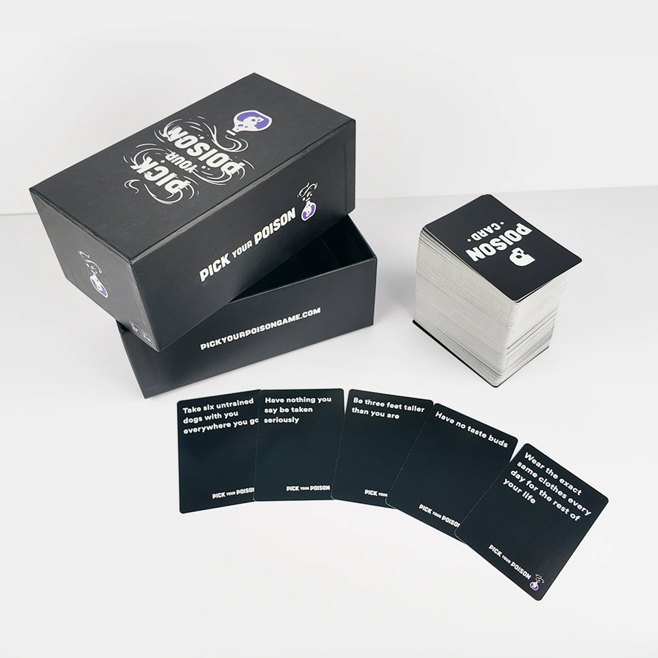 Custom party card game printing with approximately 350 cards, rigid lid-and-base box and multiple card types