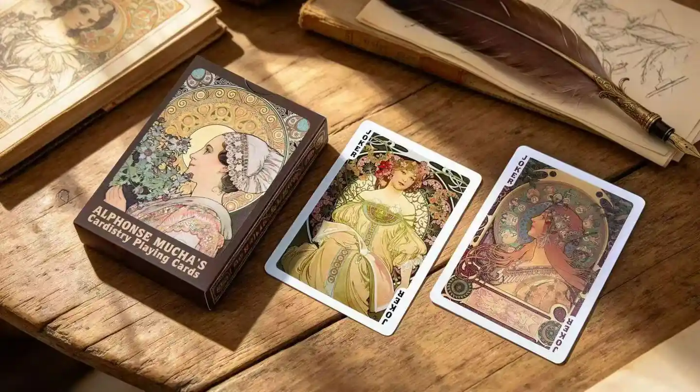 Caixa de cartas Art Nouveau ao lado de duas cartas ilustradas com ornamentos florais