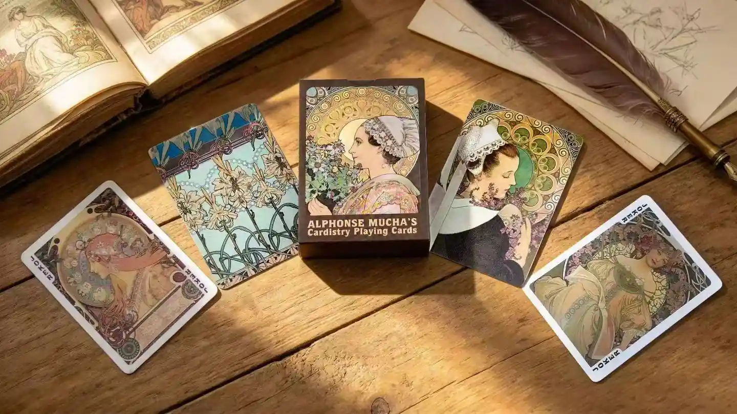 Apresentação de um baralho Art Nouveau com cartas ilustradas e duas caixas