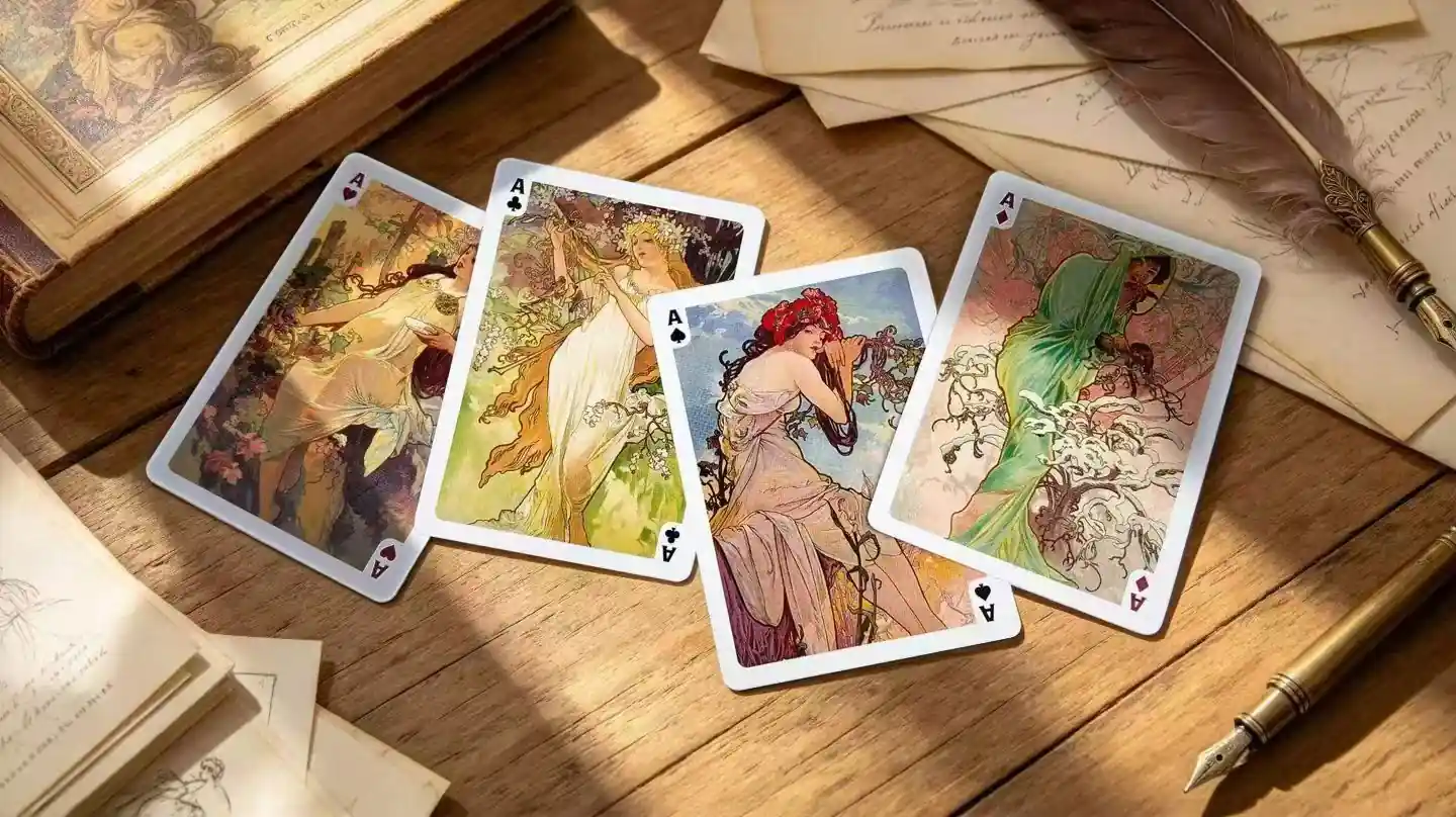 Quatro cartas Art Nouveau com figuras femininas e motivos botânicos lineares