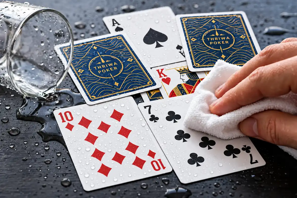 Cartas de pôquer à prova d’água com superfície de PVC fácil de limpar Cartas de pôquer personalizadas à prova d’água em PVC sendo limpas após contato com gotas de água