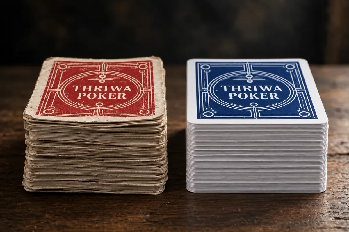 Comparação entre cartas 100% PVC e cartas de papel gastas Cartas de papel gastas ao lado de cartas duráveis 100% PVC da THRIWA POKER
