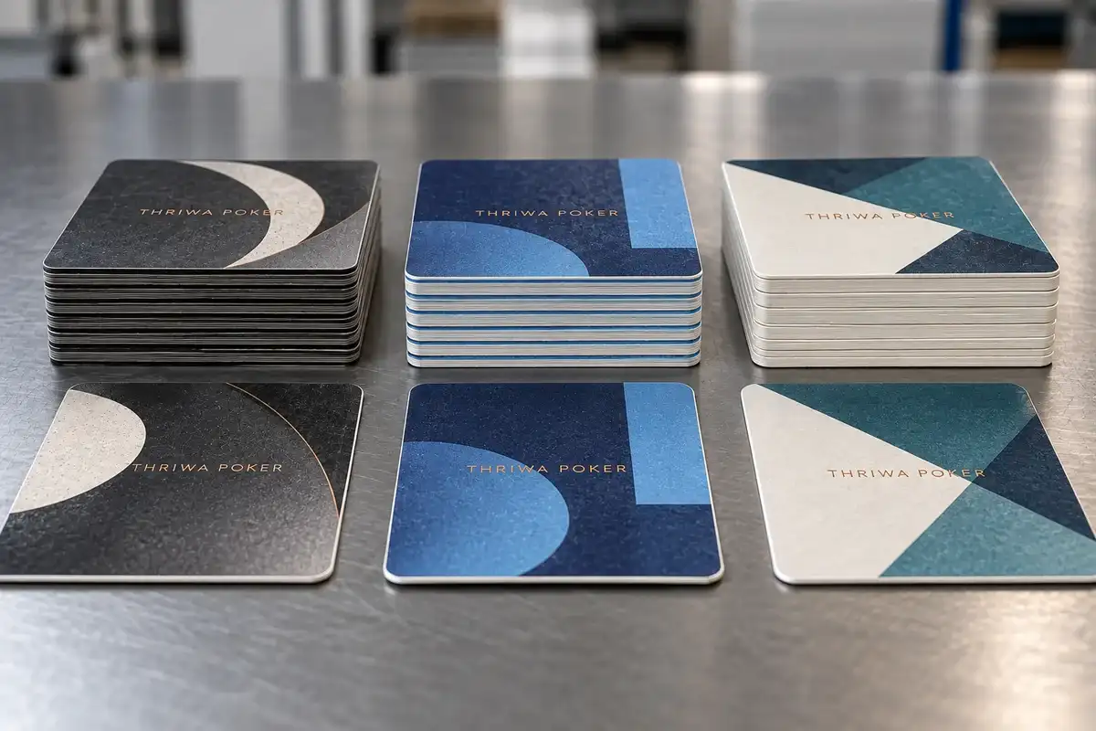 Amostras de cartas THRIWA POKER com núcleo preto, núcleo azul e papel couché mostrando diferenças nos acabamentos das bordas