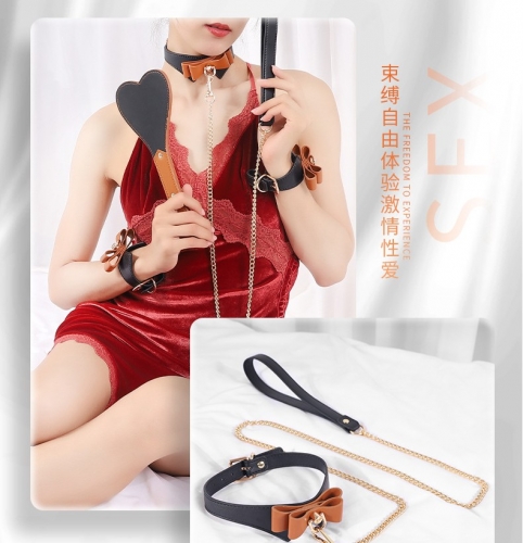 HOWOSEX 7pcs/set High end BDSM bondage Set kits Adult games  flirty leather hand and foot cuff bat Binding collar with traction chain set wholesale