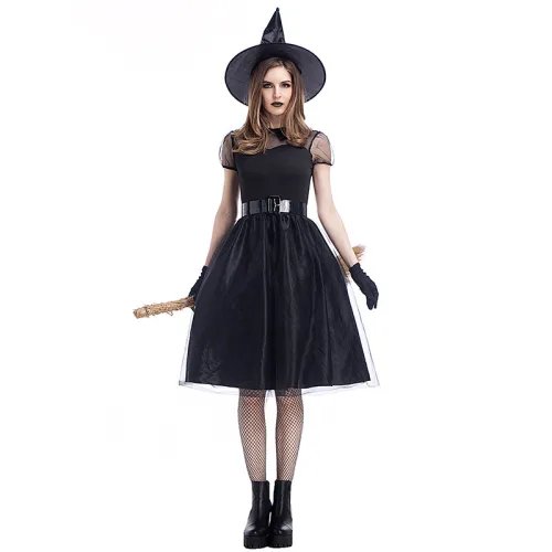 Black Witch Fancy Dress with Hat Halloween Cosplay Gothic Beauties Costume