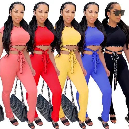Women Two Piece Pants Cap Sleeve Fashion Ruffle Tops Casual Trendy Clothing