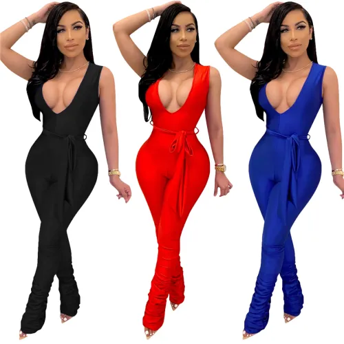 Women Trendy Clothing Deep V-neck Jumpsuits One-piece Casual Pants
