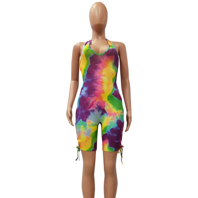 Fashion Women Tie Dyed Rompers Summer Novelty Print Streetwear Hollow Out Jumpsuit