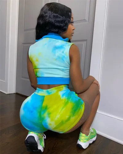 Tie Dyed Sexy Costumes Front Zipper Crop Tops with Boyshorts PQCM762