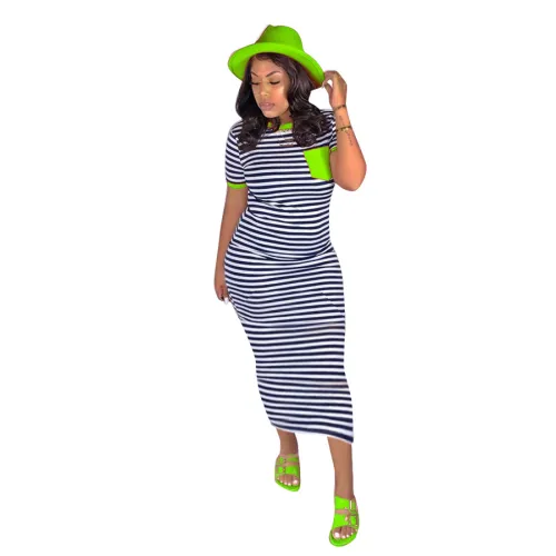 Striped Print Casual Dresses Short Sleeve Maxi Dress Summer Vintage Apparel