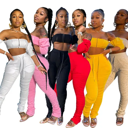 Women Sexy Tracksuits Bandeau Zipper Bras Off Shoulder Streetwear PQCM760
