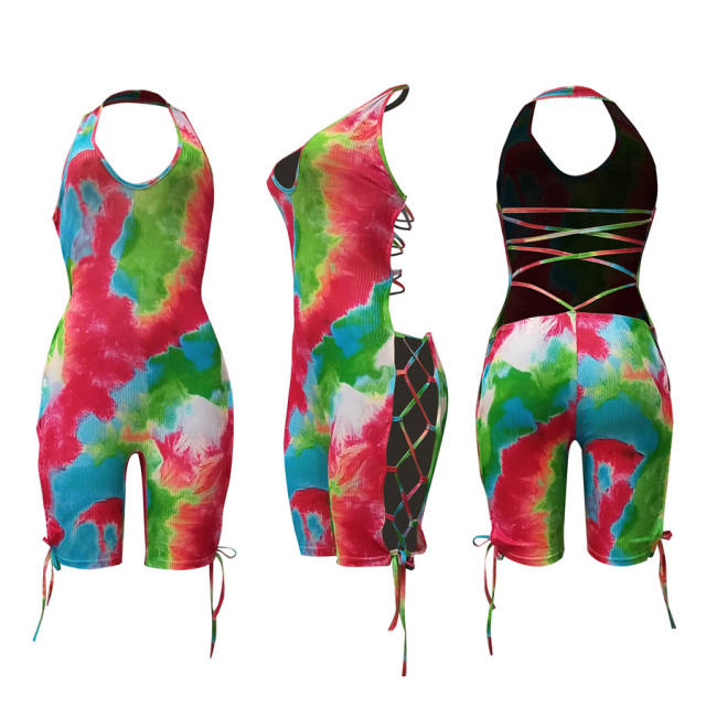 Fashion Women Tie Dyed Rompers Summer Novelty Print Streetwear Hollow Out Jumpsuit