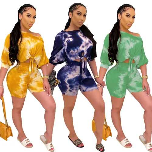 Women Two Piece Pants Summer Half Sleeve Crop Tops Casual Streetwear PQCM737