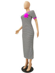 Striped Print Casual Dresses Short Sleeve Maxi Dress Summer Vintage Apparel