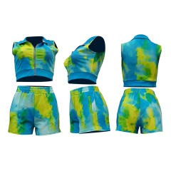 Tie Dyed Sexy Costumes Front Zipper Crop Tops with Boyshorts PQCM762