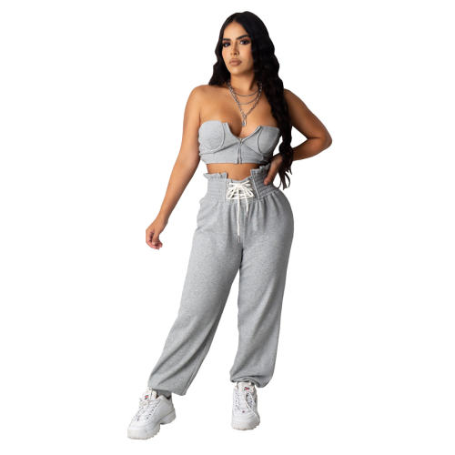 Lace-up Lady Sexy Tracksuits Sleeveless Solid Color Crop Tops Streetwear