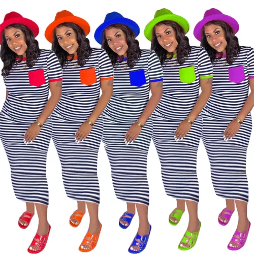 Striped Print Casual Dresses Short Sleeve Maxi Dress Summer Vintage Apparel