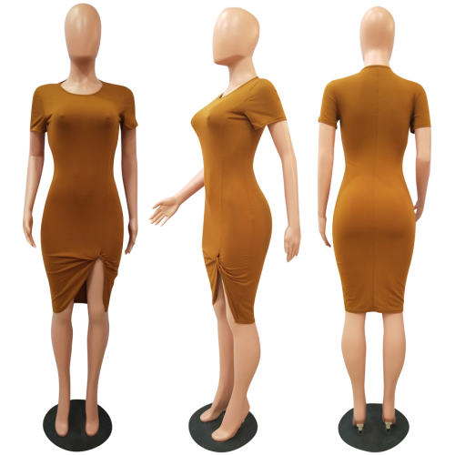 Solid Color Casual Dresses Short Sleeve Split Midi Dress Leisure Apparel