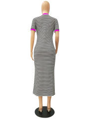 Striped Print Casual Dresses Short Sleeve Maxi Dress Summer Vintage Apparel