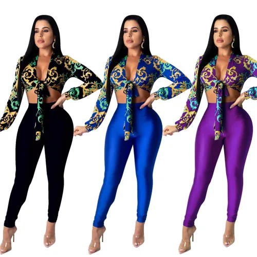 Women Casual Two Piece Pants Summer Long Sleeve Cardigan