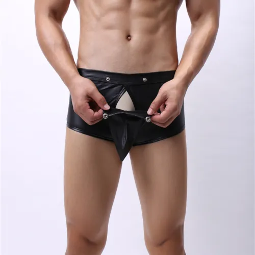 Men Jockstrap Wrap Boxers Faux Leather Fetish Gay Shorts Sissy PU Trunks PQA4-40