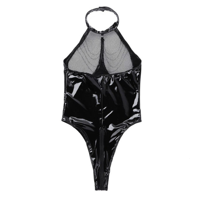 Patent Leather Sexy Teddies Costumes Open Bust Punk Pole Dance Catsuit