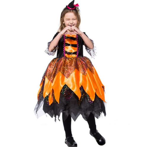 Orange Halloween Witch Costume Mardi Gras Cosplay Fancy Dress for Girl PQPS8535
