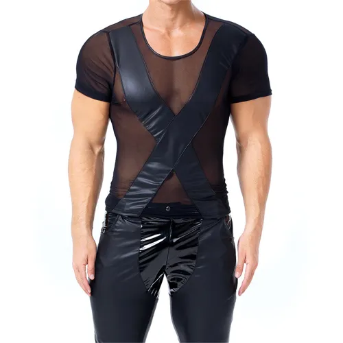 Men Patent Leather T-shirts Sheer Mesh Tops PQX6027