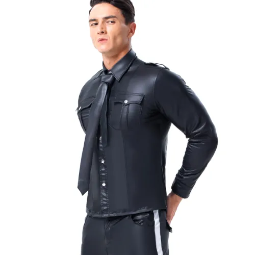 Men Faux Leather Shirts Plus Size Stand Collar Tops PQX6023