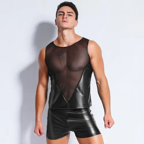 Black Faux Leather Tops Men Mesh Patchwork Vest PQX67341