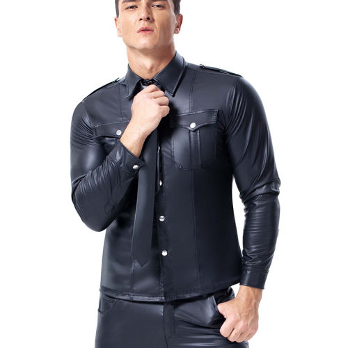 Men Faux Leather Shirts Plus Size Stand Collar Tops PQX6023