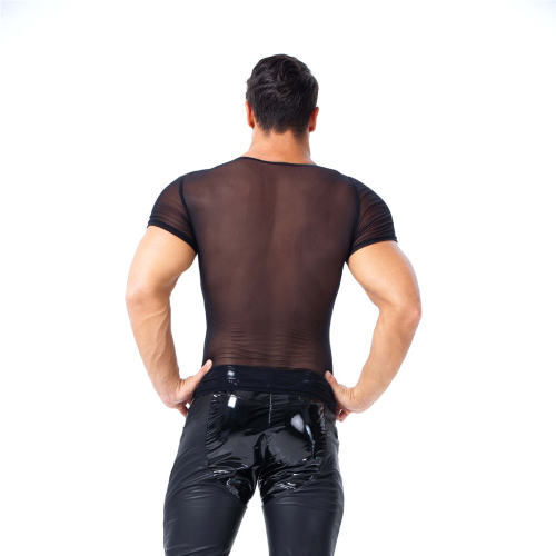 Men Patent Leather T-shirts Sheer Mesh Tops PQX6027
