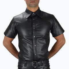 Night Club Male Faux Leather Outerwear PU Short Sleeve Shirts PQX6009