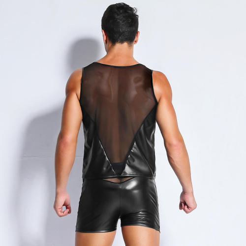 Black Faux Leather Tops Men Mesh Patchwork Vest PQX67341