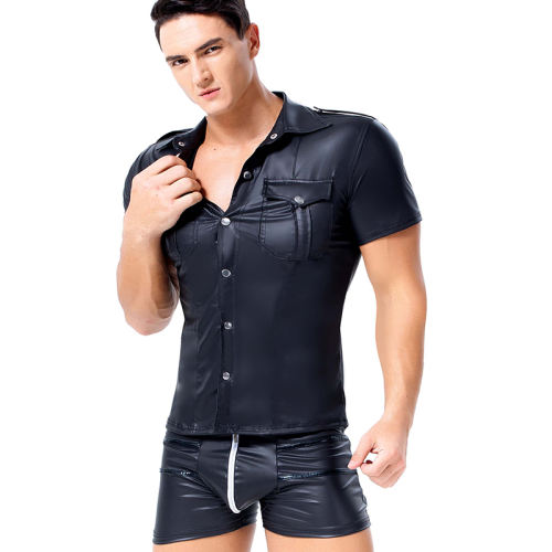 Men's Faux Leather Causal Shirts PVC Tops PQX6024