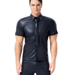 Night Club Male Faux Leather Outerwear PU Short Sleeve Shirts PQX6009