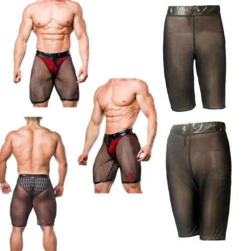 Patent Leather Men Fetish Shorts Sheer Mesh Boxer PQXX6021