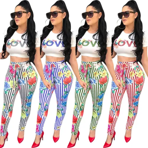 Women Two Piece Pants Fashion Letter Print Tops Summer Vacation Outfits PQQM361