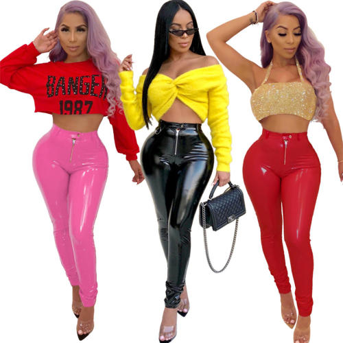 High Waist Shiny Faux Leather Trousers for Women Fashion PU Pants PQUJ4519B