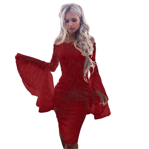 Wine Red Flare Sleeve Streetwear Off-shoulder Sexy Lace Bodycon Dresses PQSJ3072