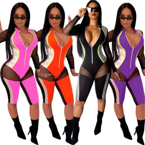 Summer Workout Jumpsuits Fashion Mesh Patchwork Fall Fitness Bodysuits PQAJ4056