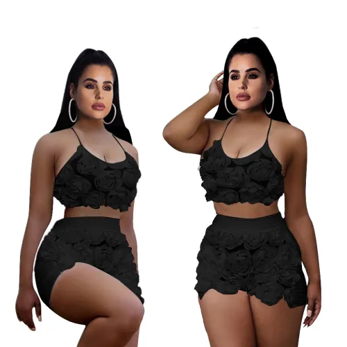 Female Halter Lace Tracksuits Women Two Piece Short Pants Sets PQQM3607